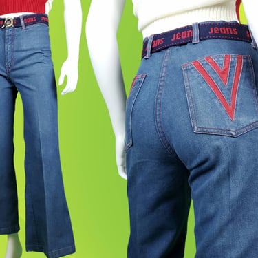 Vintage 70s disco jeans. Worn distressed 1970s lightning bolt red patchwork decorative pockets. (28 x 28 1/2 SLIM) 