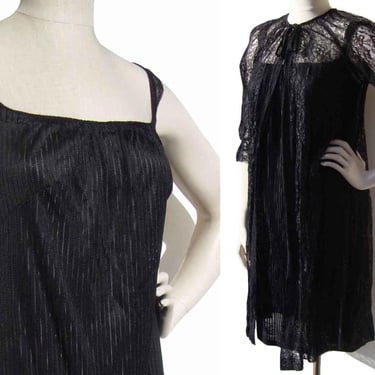 Vintage 80s Black Peignoir Nightgown & Lace Robe Set S / M 