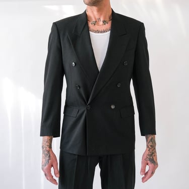 Vintage 80s Pierre Cardin Black Wool Gabardine Double Breasted Suit | Made in USA | 100% Wool | 1980s French Designer Tailored Mens Suit 
