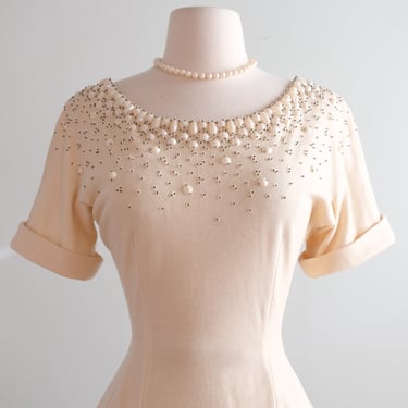 Vintage 1950's Couture Ivory Cream Aurora Beaded Blouse /M