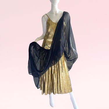 1980s Gold Lame Metallic Silk Slip Pleated Dress, Iconic Bosha Johnson Design Small 