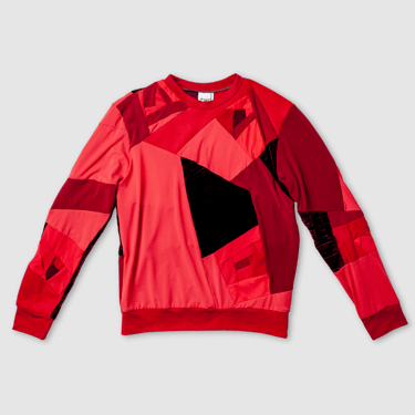 red 'all-over reroll' sweatshirt