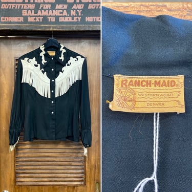 Vintage 1950’s Jet Black “Ranch-Maid” Rayon Gab Fringe Cowboy Cowgirl Western Rockabilly Shirt, 50’s Snap Button, Vintage Clothing 