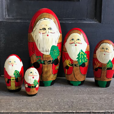Wooden Nesting Dolls, Holiday, Santa Claus, Folk Art Hand Painted Handmade, Set of 5 