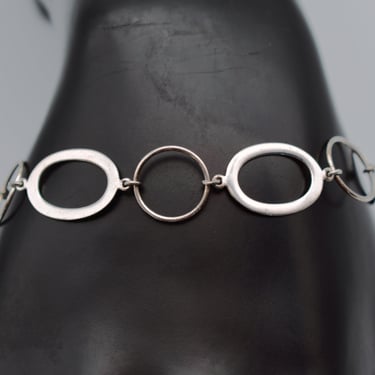 Mod 70's geometric sterling links bracelet, flat ovals & wire circles 925 silver go go chain 