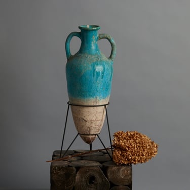 Late 19th Century Blue/Green Glazed Amphora from Borneo with Iron Stand