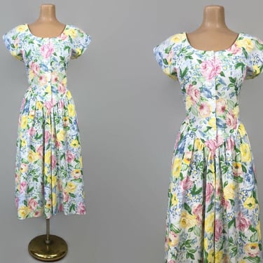 VINTAGE 80s Cotton Floral Garden Party Dress by Willow Ridge Size 14 | 1980s Full Summer Tea Dress With Pockets | VFG 