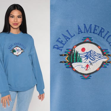 Ski Sweatshirt 90s Real American Graphic Sweater Embroidered Snow Mountain Winter Sports Shirt Retro Crewneck Blue Vintage 1990s Large L 