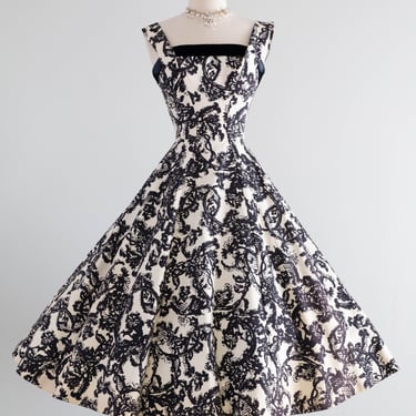 Stunning 1950's New Look Era Frank Starr Baroque Print Cocktail Dress / Small