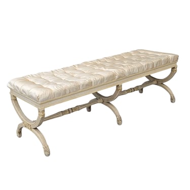 Hollywood Regency Neoclassical Tufted Crossbar Bench 