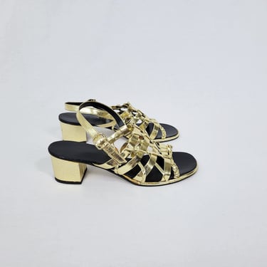 1970's Metallic Gold Foil Strappy  Sandals Shoes with Heel I Sz 9 