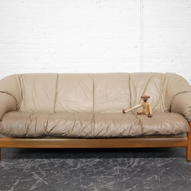 Vintage MCM Scandinavian teak wood and beige leather Ekornes Stressless sofa | Free delivery only in NYC and Hudson Valley areas 