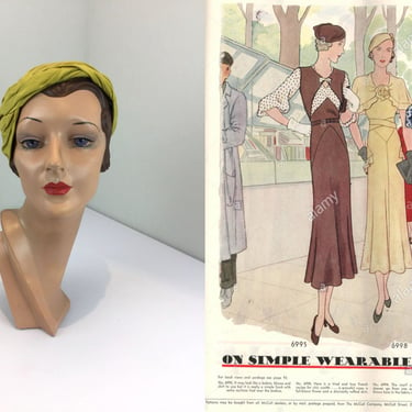Simple Wearables  - Vintage 1930s Chartreuse Rayon Satin Cloche Turban Hat 