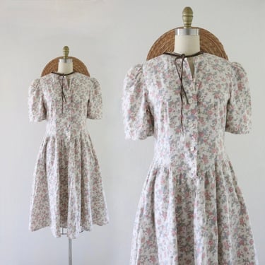 cotton cottage dress - s - vintage womens 80s 90s cute floral puff sleeve summer cottage cottagecore size small 4 