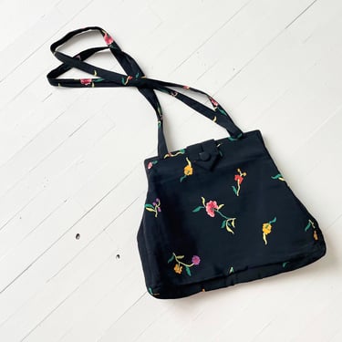 1980s Norma Kamali Black Floral Print Shoulder Bag 
