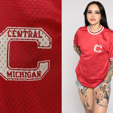 80s Central Michigan University Shirt Red Baseball Jersey T Shirt Mesh Graphic Ringer Tee Streetwear Vintage 1980s Champion Small Medium 