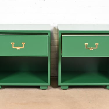 Henredon Mid-Century Hollywood Regency Campaign Green Lacquered Nightstands, Newly Refinished