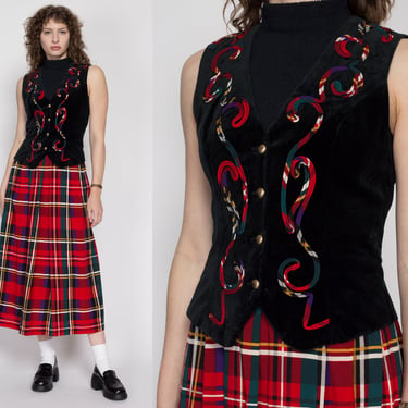 Medium 80s Lanz Velvet Vest Plaid Skirt Midi Dress NWT | Vintage Red & Black Sleeveless Secretary Christmas Dress 