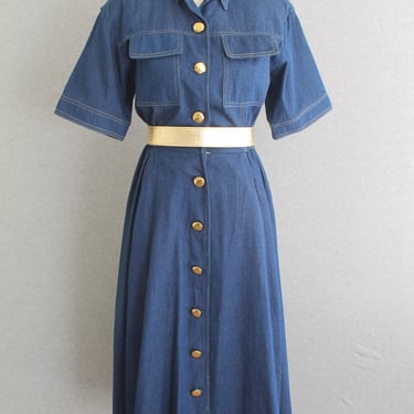 1980s - Denim Shirtdress - Gold Metallic Top Stitch - Bold Gold Buttons - by N.R.1 - for Saks Fifth Avenue -  Marked size 6 