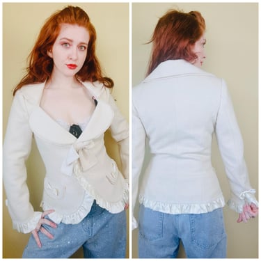 Y2K Cream Bombshell Wool Blazer / Vintage Coquette Ruffled Bow Trim Wasp Waist Jacket / Size Small - Medium 