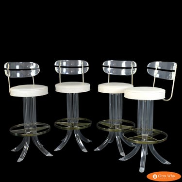 Set of 4 Lucite and Brass Swivel  Barstools