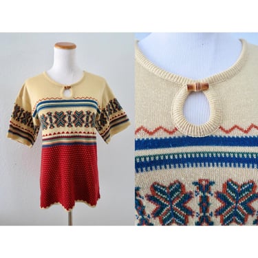 Vintage 70s Boho Knit Top - Hippie Abstract Knitted Keyhole Blouse - Size Large 