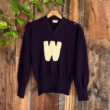 Vintage 40s W letterman pullover sweater purple white highschool university of Wisconsin or Washington? size M 