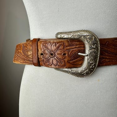 Vintage Unique tooled leather belt~ wide with carved silver tone large buckle~ distressed western charm /size Medium up to 33” 