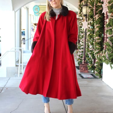 Vintage 1980s Swing Coat, Marvin Richards, 10 Women, Red Wool Maxi Coat, Mink Fur Trim, Penny Lane 