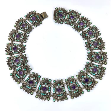 Vintage Stunning 1940s JGD Dominguez Mexico Amethyst Turquoise Sterling Silver Bib Necklace 