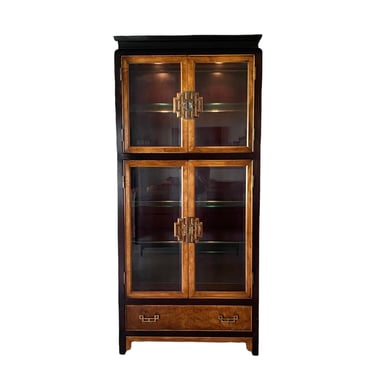 Chinoiserie Curio Cabinet by Century Chin Hua with Black & Burl Wood, Asian Style Brass and Illuminated Glass Display -Vintage Lighted China 