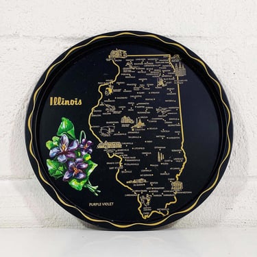 Vintage Metal Illinois Drink Tray Plate Souvenir Retro Round Mid-Century Barware Black White Green Gold Purple Violet Bar 