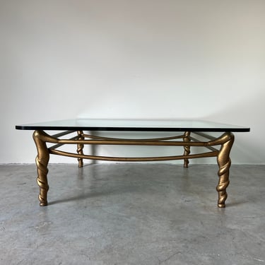 1990s French Pierre Casenove - Style Sculptural Gilt Metal Coffee Table W/ Glass Top 