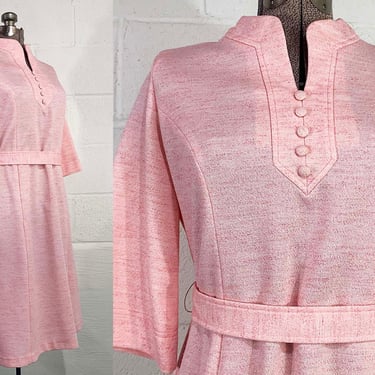 Vintage Pink Dress Mod 3/4 Bell Sleeve Marled Scooter Mid-Century Twiggy Textured Rose Valley of the Dolls 60s 1960s XL Large 