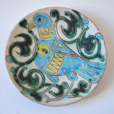 Small Vintage Art Pottery Wall Plate with Blue Bird Design 