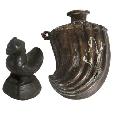 1800's Antique Burmese Patinated Bronze Bird Form Opium Weight and Indian Flask Bottle 