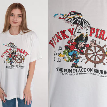 The Funky Pirate Shirt 90s New Orleans Dive Bar T-Shirt Blues Club Pub Graphic Tee Single Stitch Tshirt White Vintage 1990s Screen Stars XL 