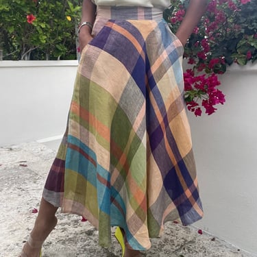 vintage LES COPAINS rainbow plaid linen full sweep slit high waisted skirt 