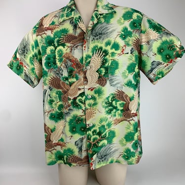 1950's Tropical Shirt - Japanese Mountain Hawk-Eagles - PENNEY'S LABEL - Rayon - Loop Collar - Made in Japan - Men's Size Large 