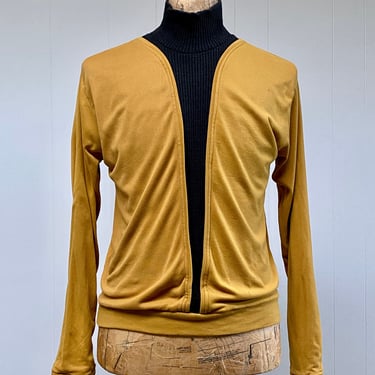 Vintage 1960s Men's Knit Shirt, Gold and Black Hipster Shirt, Mid-Century Mock Turtleneck Pullover, Small 36