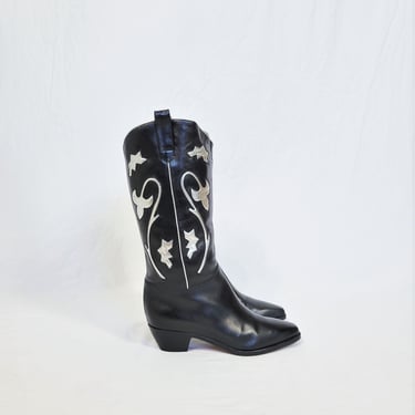 Isabel 1980's Black Leather Italian Silver Inlayed Western Cowboy Boots I Sz 7 