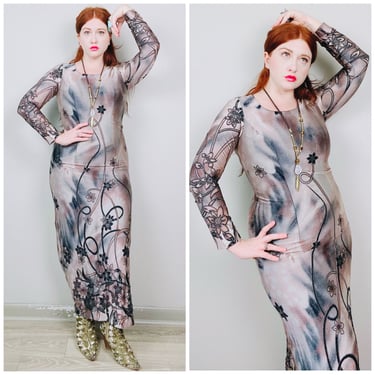 1990s Vintage Silver Floral Burnout Dress / 90s / Nineties Vampy Long Sleeve Flower Metallic Maxi Dress / Medium 