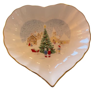 Vintage 80s Porcelain Heart Shaped Christmas Village and Tree Dish by Mikasa 