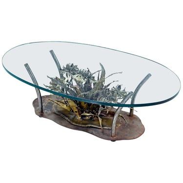 Silas Seandel Brutalist Paul Evans Style Torch Cut Botanical Glass Top Coffee Table 