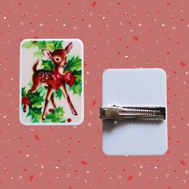 Retro Christmas Deer Hair Clip - Cute Vintage Style Kawaii Fawn & Holly Barrette 