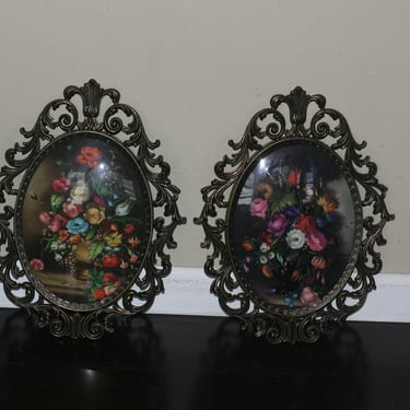 vintage Italian floral prints in metal frames/set of two/made in Italy 
