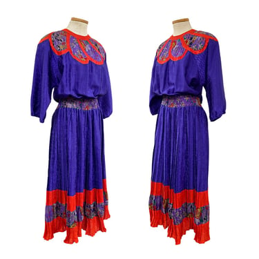 Vtg 80s 1980s Dian Freis Designer Purple Red Romantic Fem Flowy Midi Dress 