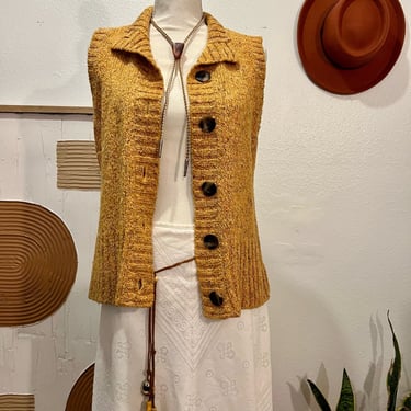 Vintage Orange Chunky Knit Button Front Wool Blend Vest Medium 