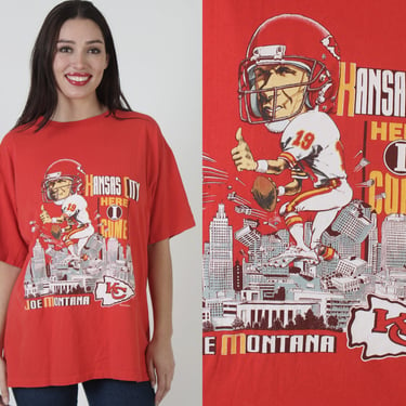 Vintage 1993 Kansas City Chiefs T Shirt, 90s Joe Montana Cartoon Tee, Made In USA Salem Brand XL 