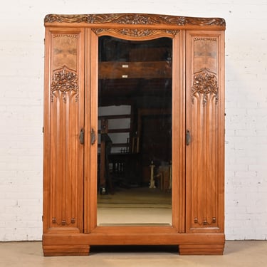 Louis Majorelle Style Antique French Art Nouveau Burled Walnut Mirrored Armoire, Circa 1920s